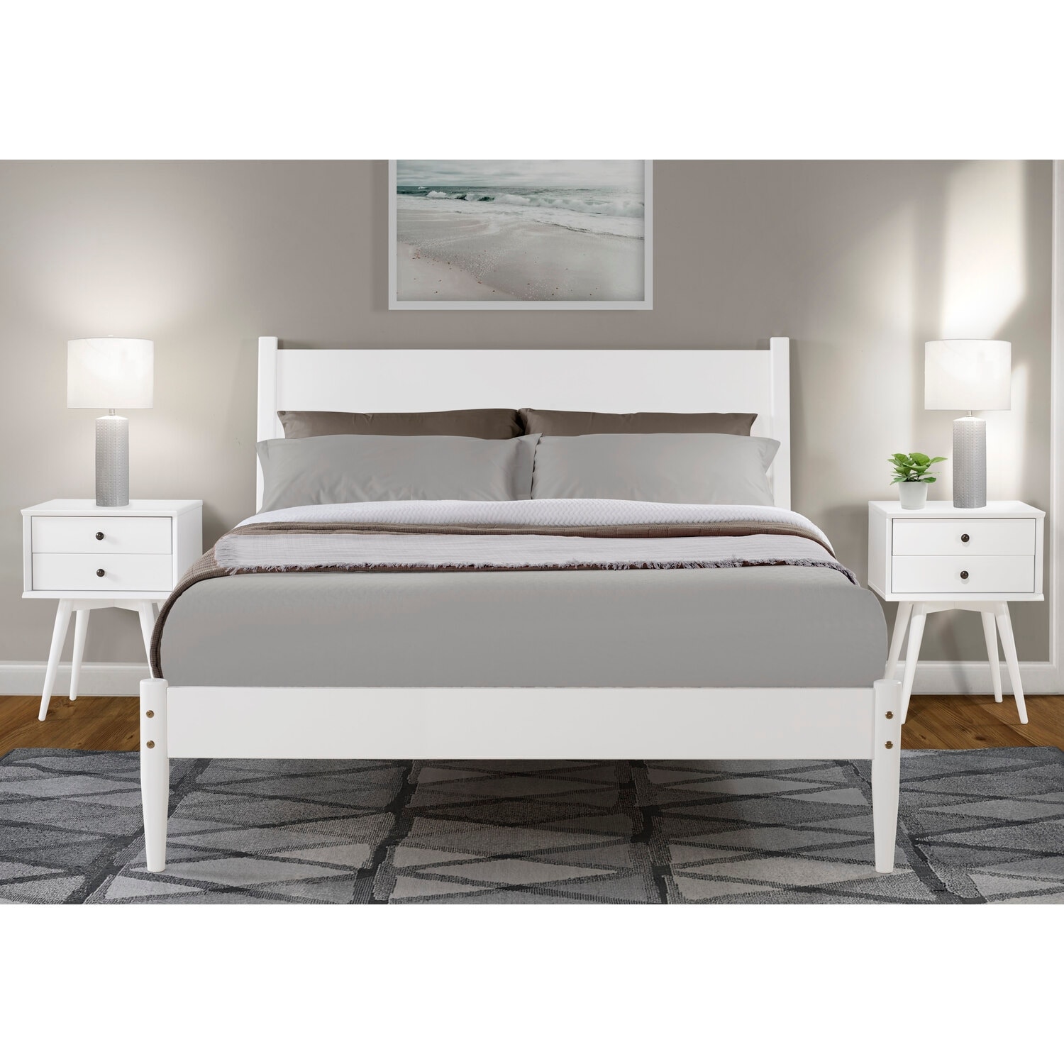 Mid-Century Bed Frame - Modern Platform Bed, White Finish, Wood Bed
