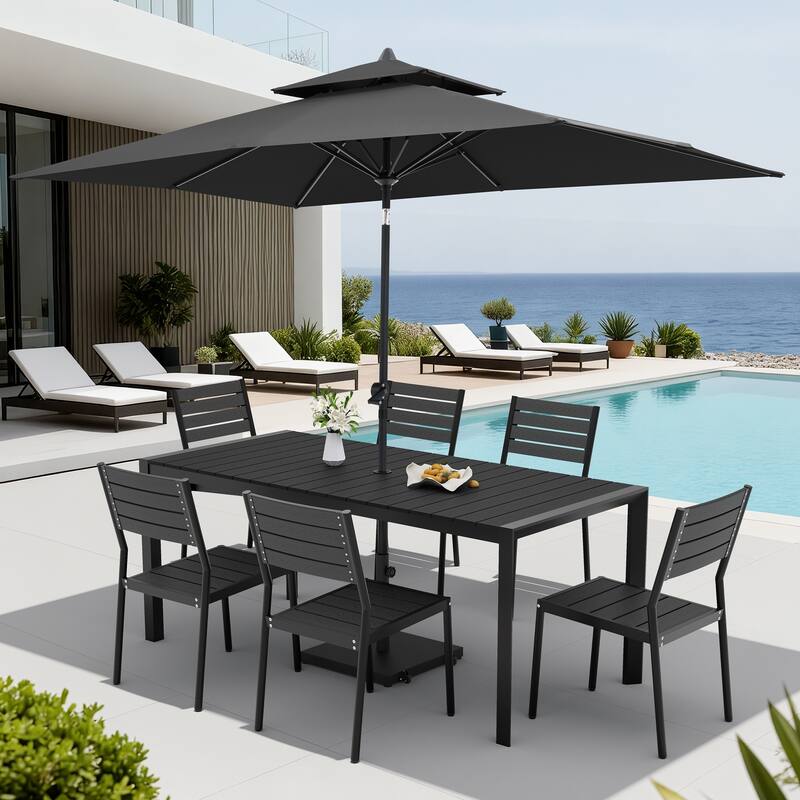 Set of 9 Outdoor Patio Dining Set WoodLike Aluminum Umbrella Hole Table with Stackable Chairs, Double Top Market Umbrella Set - BlackTable&BlackChairs&BlackUmbrella