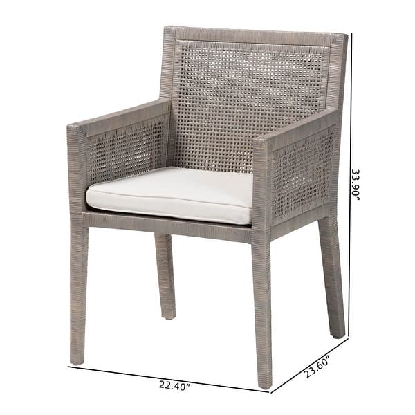 dimension image slide 0 of 3, Karis Rattan Dining Chair - Handwoven Wicker Armchair with Mahogany Wood, Coastal Boho Style Indoor Seating