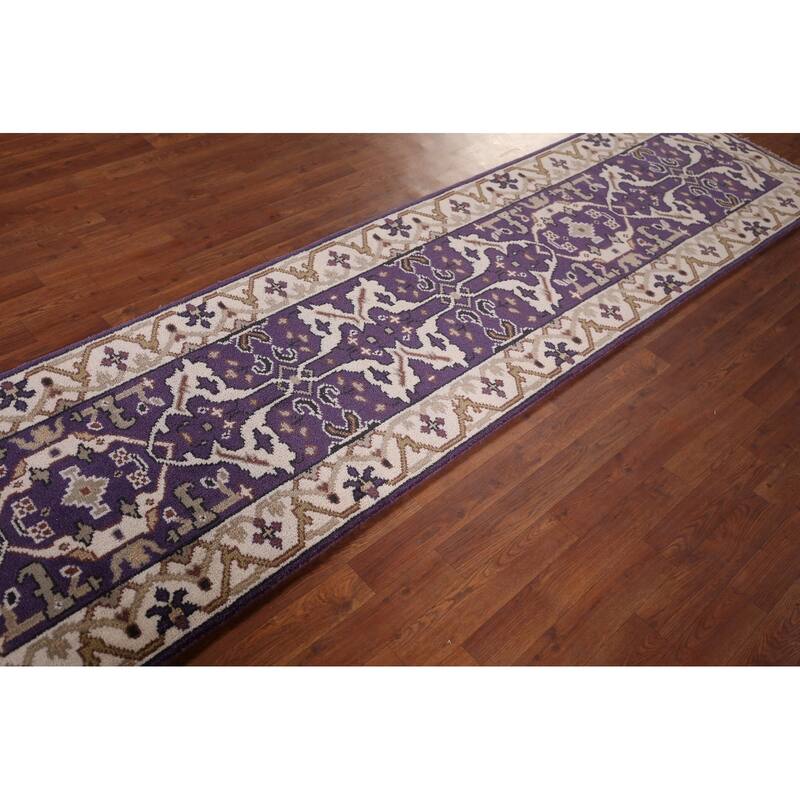Purple & Ivory Oushak Indian Runner Rug Hand-Knotted Wool Carpet - 2'6"x 9'8"