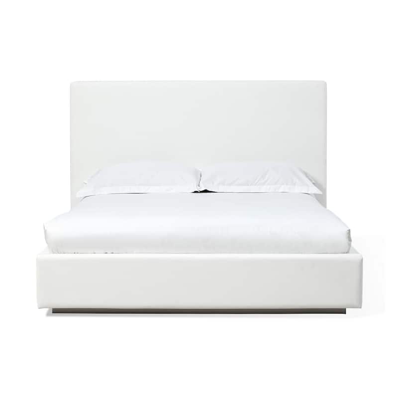 Uma King Size Platform Bed, Tall Panel Headboard, Cream Canvas Upholstery