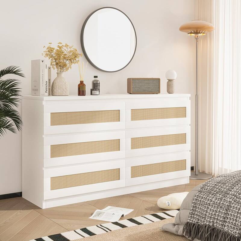 Rattan Dresser for Bedroom, Modern 6 Drawer Double Dresser with Anti-Tip Kit
