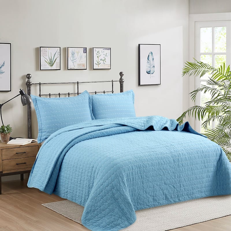 MarCielo 3PCS 100% Cotton Oversized Bedspread Set Coverlet Quilt Set Stitching - Queen - Light Blue