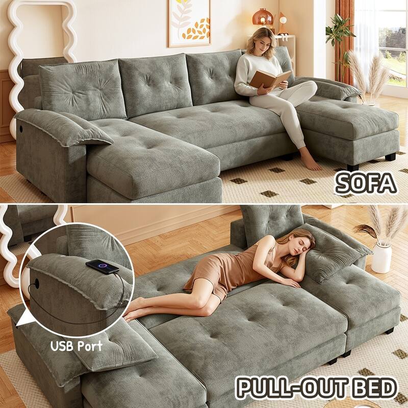 104.7" U-Shaped Sleeper Sofa, Convertible Sectional Couch with Pull-Out Bed, Removable Armrests, USB Ports & Chaise Lounge