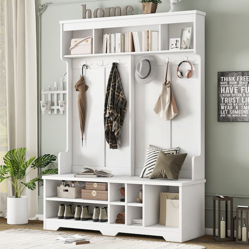 Hallway Hall Tree with Metal Hooks and Shoe Cubbies