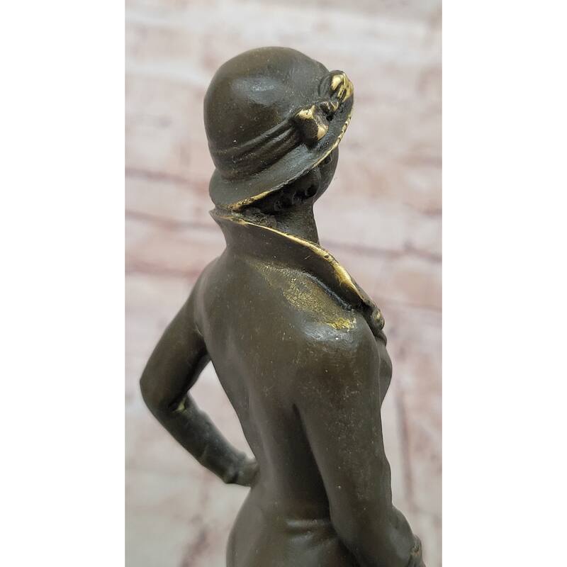 Elegant Art Deco Lady With Hat Bronze Sculpture On Marble Base