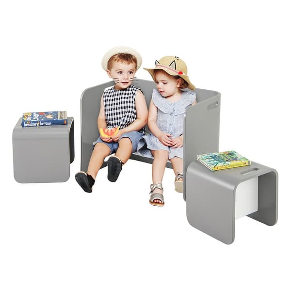 slide 2 of 9, Grey 3 Pieces Wooden Kids Table and U-Shaped Chair Set with Ergonomic Handle - 26.5" x 20" x 16" (L x W x H) Grey