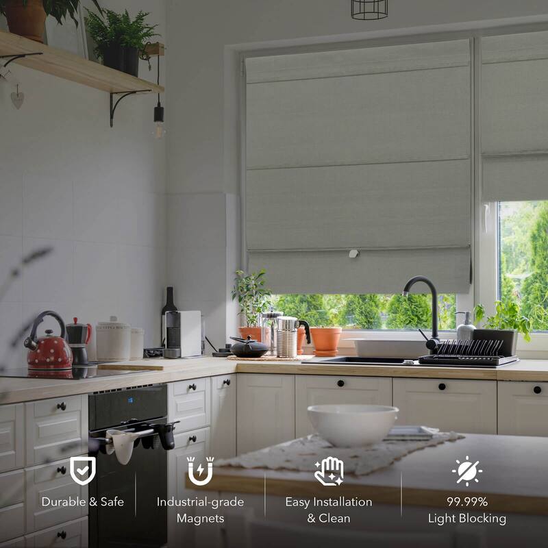 GoDear Design 99.99% Blackout Magnetic Roman Shades, No Drill Cordless Woven Fabric Blinds - 23", 37", 35", 46" W, Gainsboro - Gainsboro-23''W