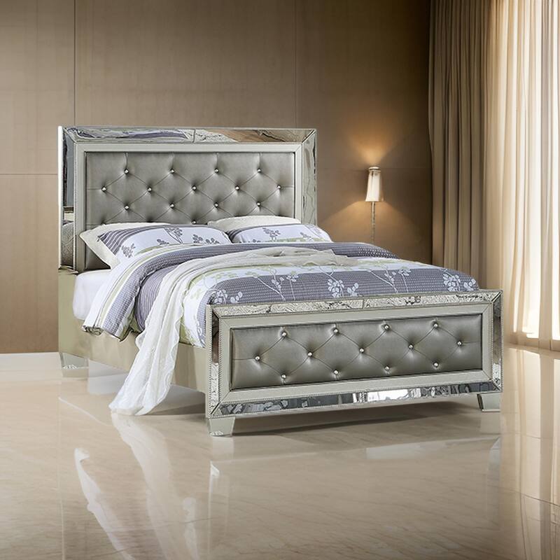 Reva King Bed, Mirror Inlaid, Button Tufted Gray Faux Leather Upholstery