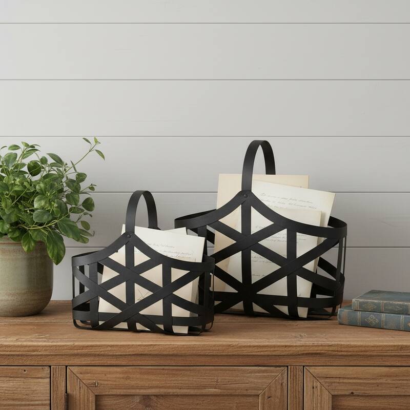 HomeRoots Set of Two Black Geometric Metal Baskets - 11" W x 23" D x 22" H