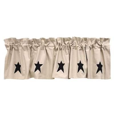 72x16 Beige Valance Rod Pocket Curtain with Black Star Appliques for Rustic Decor - 72” x 0.25” x 16”
