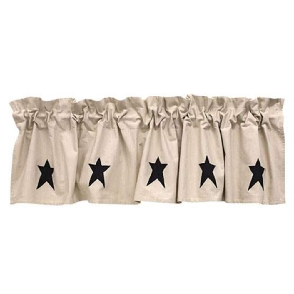 72x16 Beige Valance Rod Pocket Curtain with Black Star Appliques for Rustic Decor - 72” x 0.25” x 16”