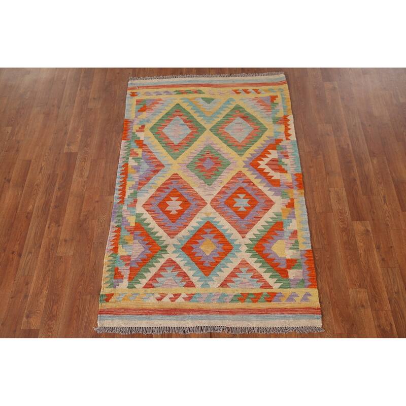 Multicolor Kilim Oriental Accent Rug Flatweave Wool Carpet - 3'4"x 5'3"
