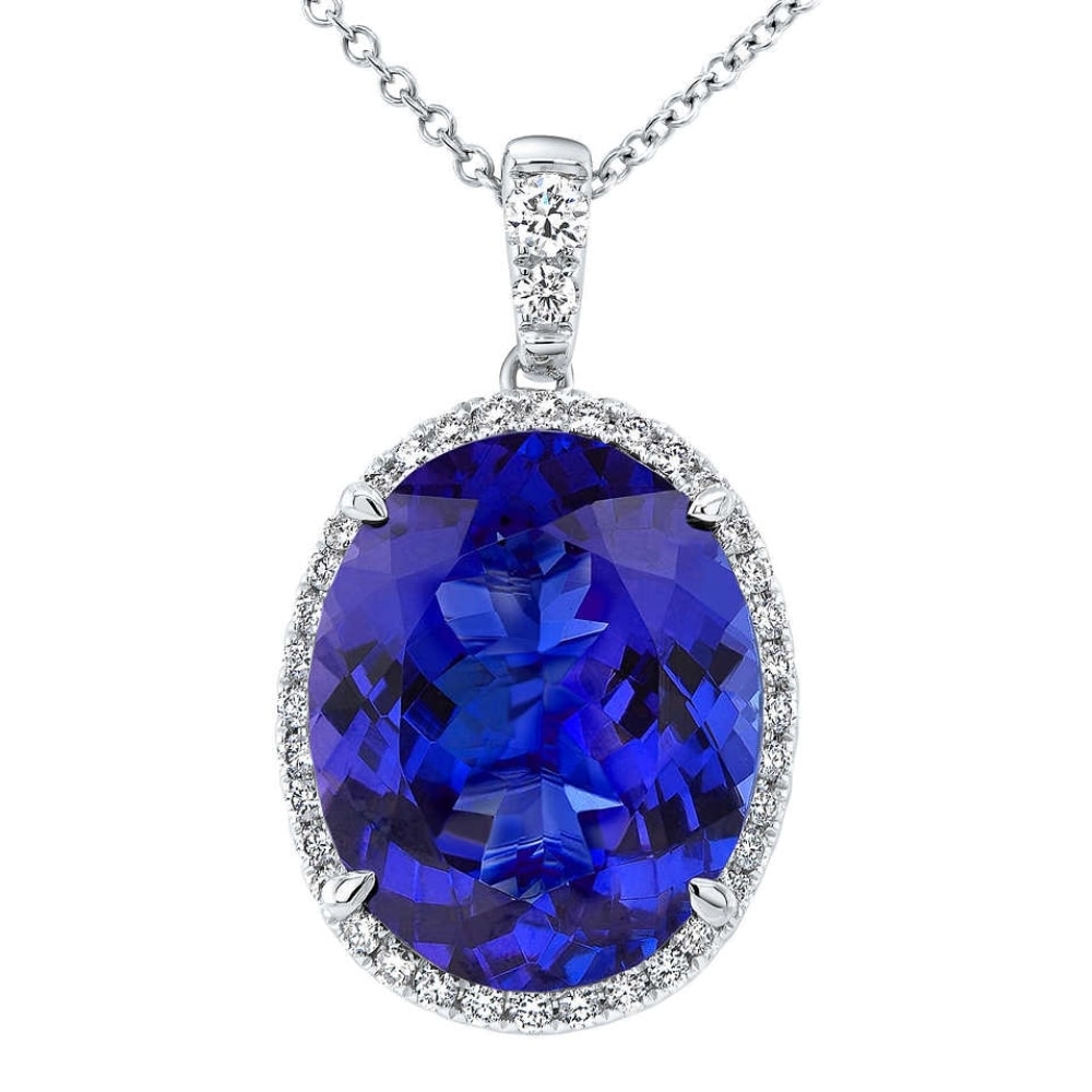 Bliss Diamond 5 Ct TW Oval Tanzanite & Lab Grown Diamond Halo Pendant White Gold Necklace