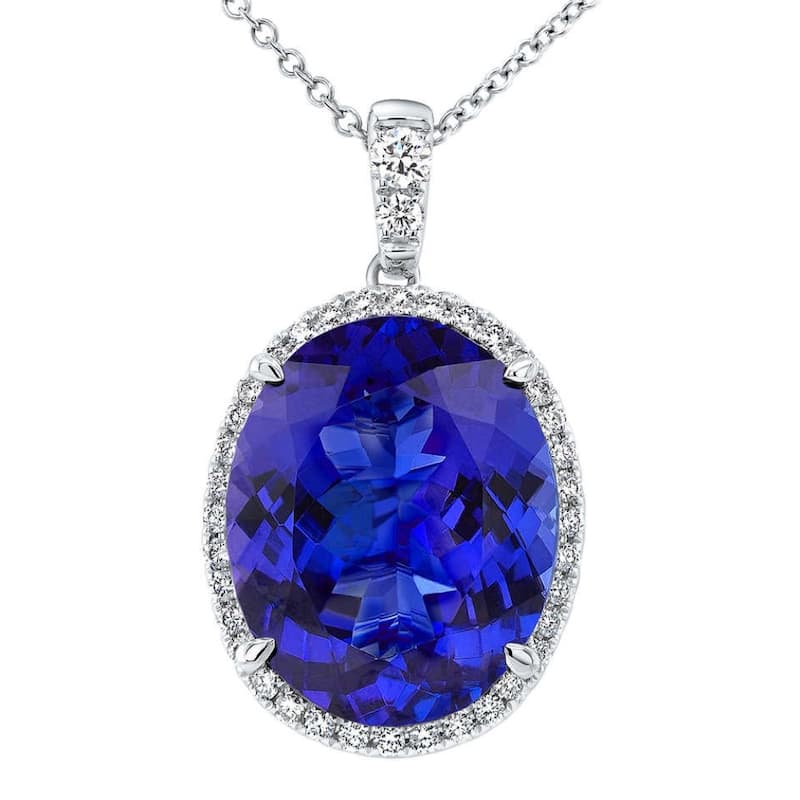 Bliss Diamond 5 Ct TW Oval Tanzanite & Lab Grown Diamond Halo Pendant White Gold Necklace - White - 18 Inch
