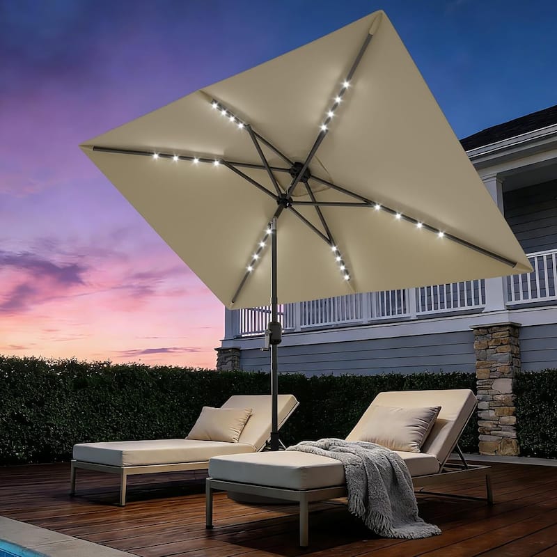 10' x 6.5' Solar Patio Umbrella with Crank and Push Button Tilt for Garden, Deck, Lawn, Pool with Lights (No Base) - Beige