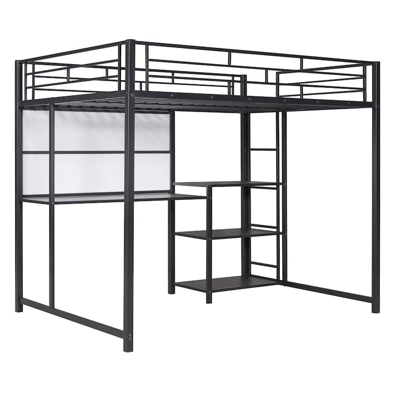 Metal Loft Bed with 3 Shelves and Ladder