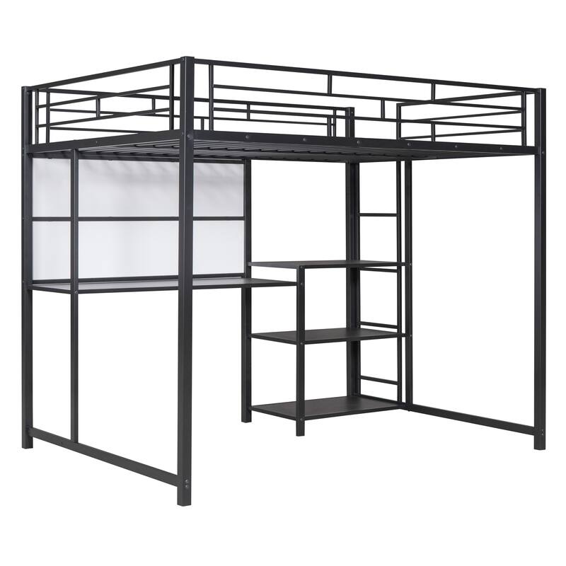 Twin Size Metal Loft Bed with Desk, Shelves, and Ladder
