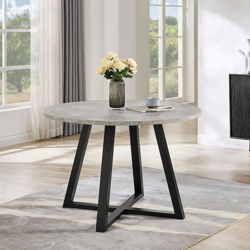 Roundhill Furniture Edo Round Dining Table, Trestle Base - Faux Concrete Gray