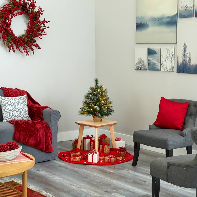 2ft. Frosted Pine Artificial Christmas Tree with 35 Clear LED Lights, Pinecones & Burlap Base - Petite Holiday X-Mas Accent