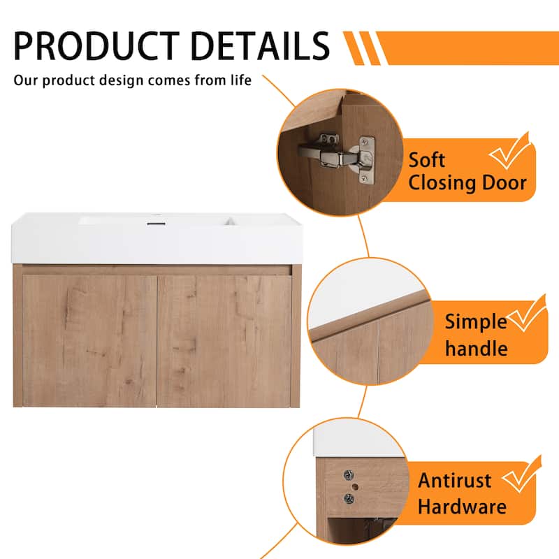 Bathroom Vanity With Sink In 24/30/36 Inch, Floating Bathroom Vanity with Soft Close Door