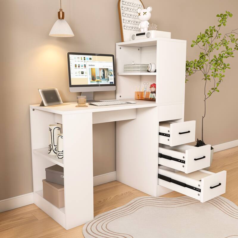 White Computer Desk with 3 Slide Storage Drawers and 4 Open Shelves for Home or Office Workstation