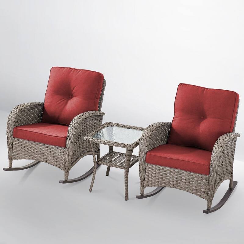 PlainCurve 3-Piece Wicker Outdoor Patio Conversation Set with Rocking Chairs and Olefin Cushions