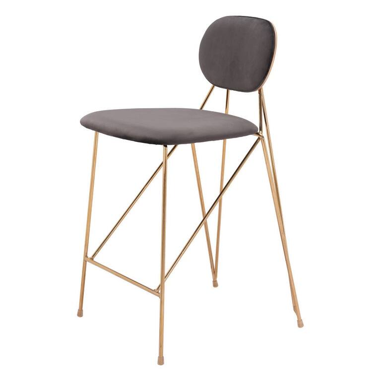 HomeRoots Set of Two 26" Gray and Gold Velvet and Steel Low Back Counter Height Bar Chairs