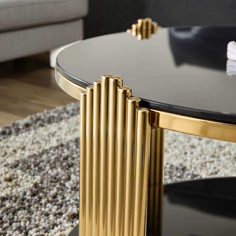 35 Inch Modern Round Coffee Table with Double Layer Black Glass and Gold Stainless Steel Frame, Easy Assembly