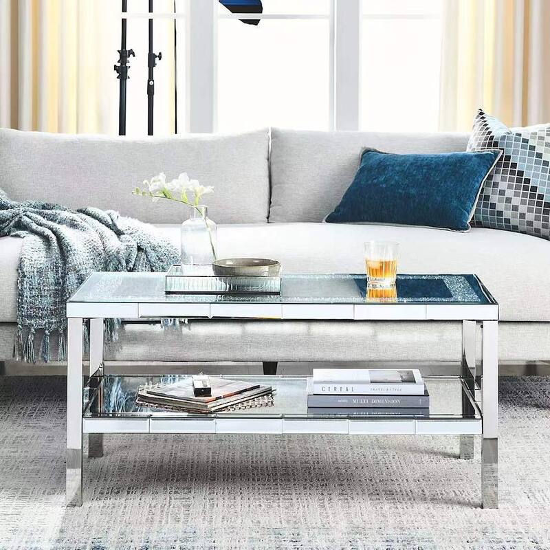 2-layer Crystal Mirror Coffee Table with Stainless Steel Fframe