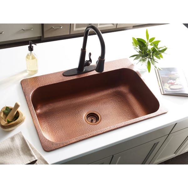 slide 2 of 12, Angelico Copper 33" Single Bowl Drop-In Kitchen Sink with 3 Holes