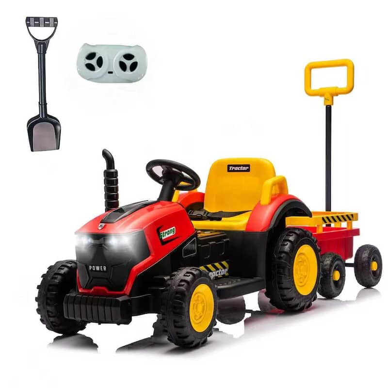 12V Kids Electric Ride-On Tractor with Trailer for Ages 3-6, LED Lights & Music - Red