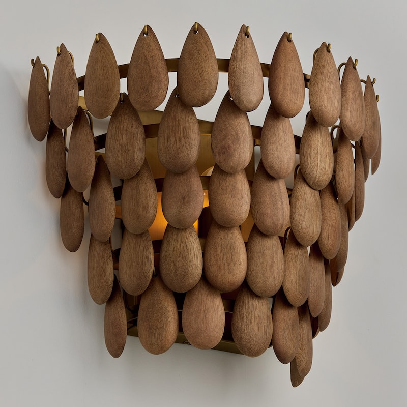 11.5" H x 13.5" W 1-Light Flush Mount Sconce in Hand-distressed Patinaed Brass and Handcrafted Mango Wood - 13.75"W x 12"H x 8"E