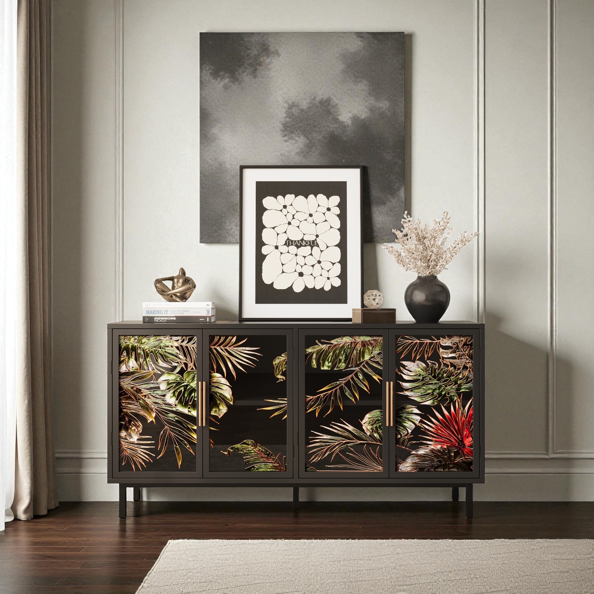 60" Retro Glazed Glass Buffet Cabinet with 4 Doors, Artistic Storage Sideboard for Living Room or Dining Room