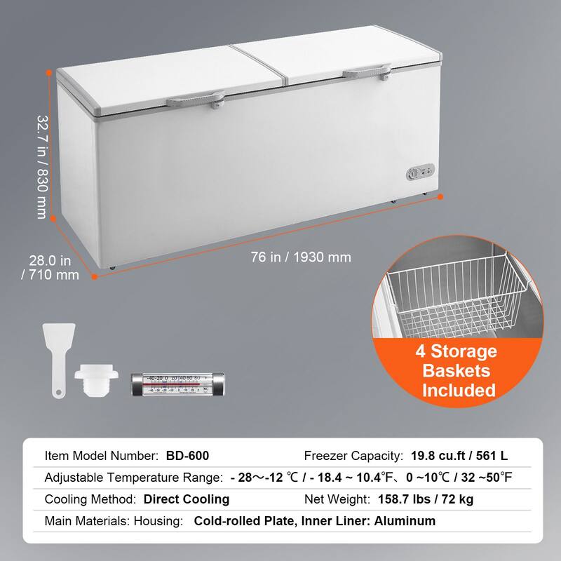 Chest Freezer, Large Deep Freezer with Split Top Double Locking Lids, Freestanding Commercial Chest Freezer