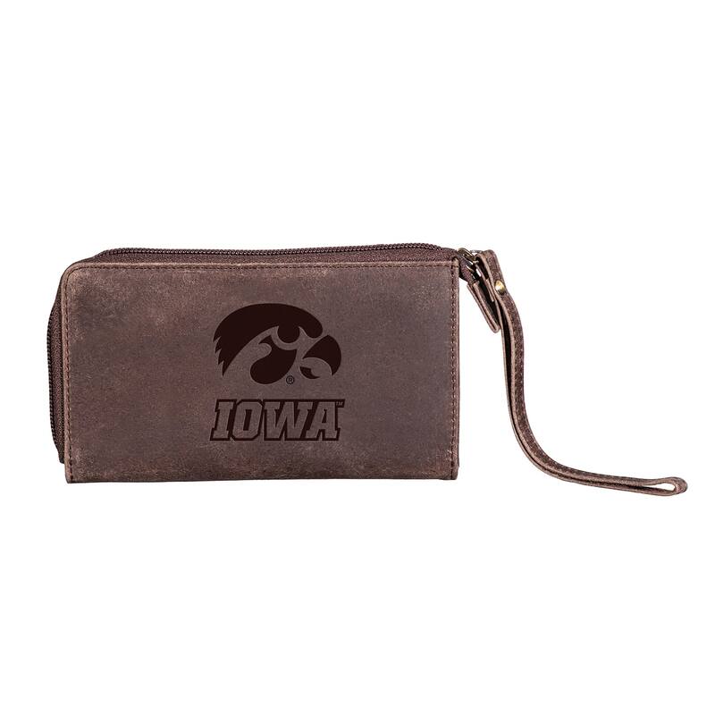Brown Leather Cell Phone Wristlet Wallet, University of Iowa - 4" x 7"