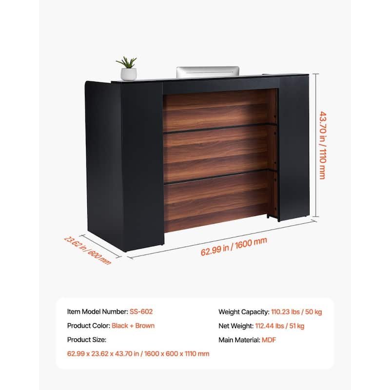 Black and Brown MDF Reception Desk with LED Lights, Spacious Waterproof Laminate Top