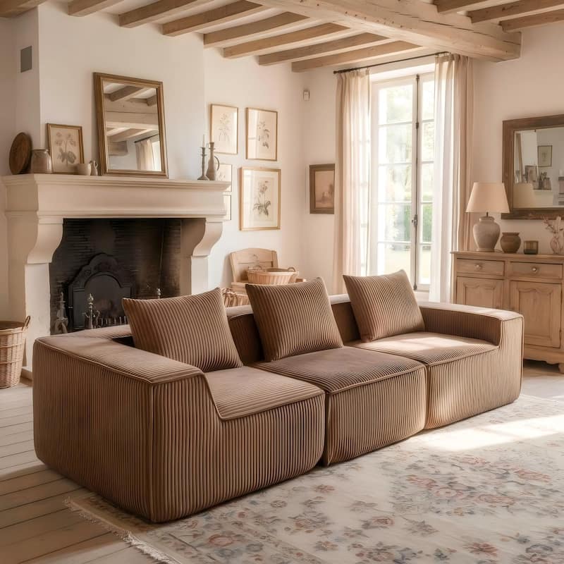 Modular Sectional Sofa with Pillows, Corduroy Upholstered 3-Seater Sofa, All-Compressed Foam Sofa for Living Room, Apartment