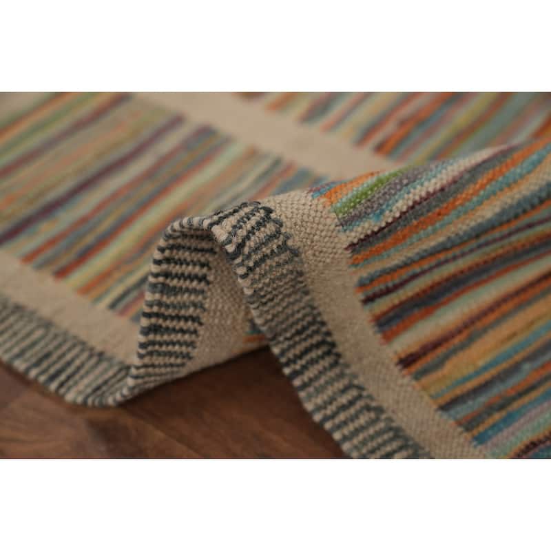 Hand Woven Oriental 100% Wool Carpet Southwestern Modern Multi-Colored Kilim Runner Rug - 9' 8'' X 2' 5''
