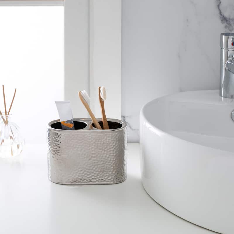 Elle Décor Hammered Metallic Ceramic Toothbrush Holder - Silver - 7"x 3.15"x 4.3"