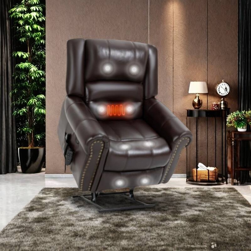 Electric Power Lift Recliner with Dual Motors, Heated Massage, USB Charging Ports, and Infinite Recline for Seniors - Antique brown