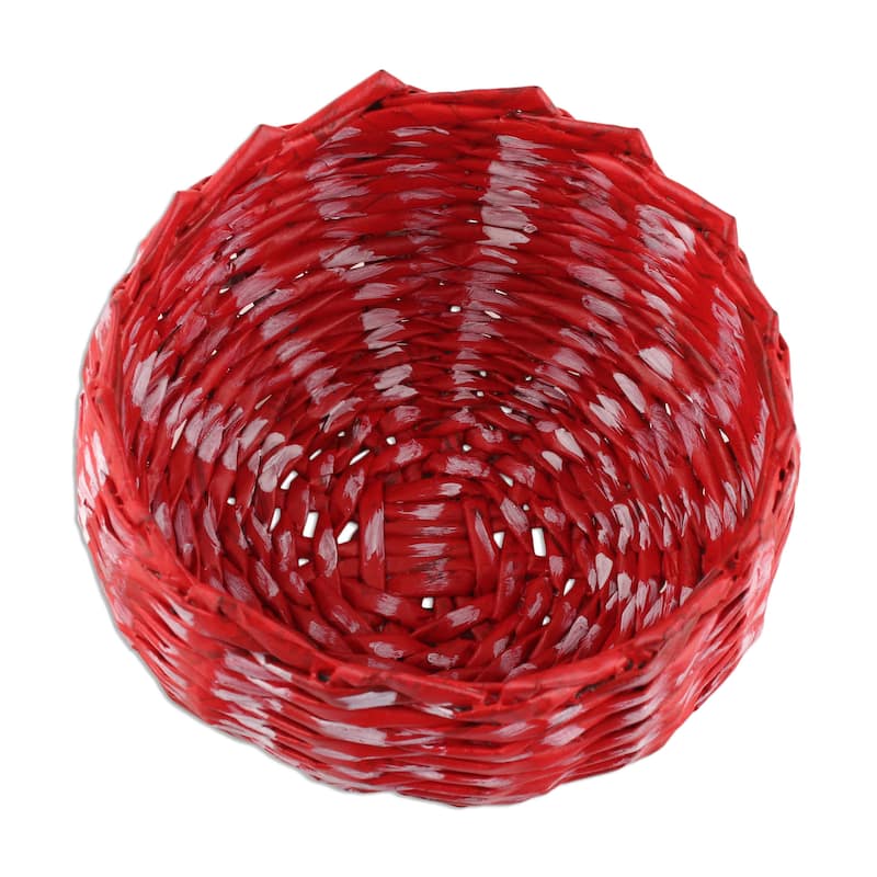 NOVICA Handmade Red And White Recycled Paper Basket