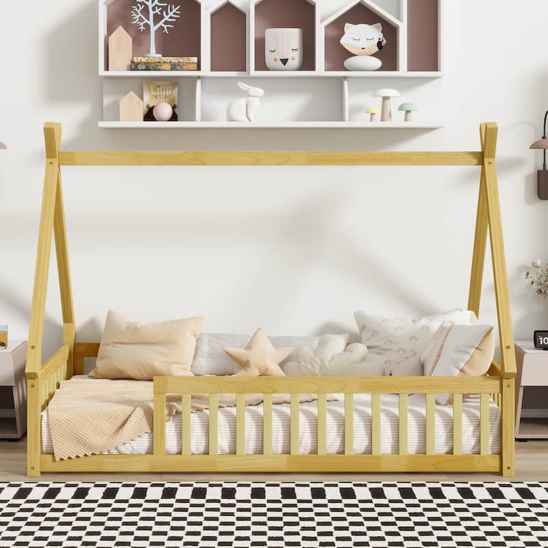 Twin Size Teepee Floor Bed with Guardrails, Natural Wood Design, No Spring Box Needed - Natural
