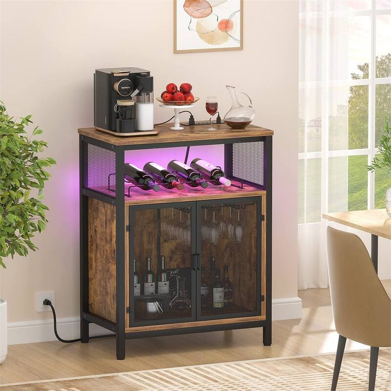 Wine Bar Cabinet with RGB Light and Outlet - 23.6"D x 13.6"W x 31"H - Rustic Brown