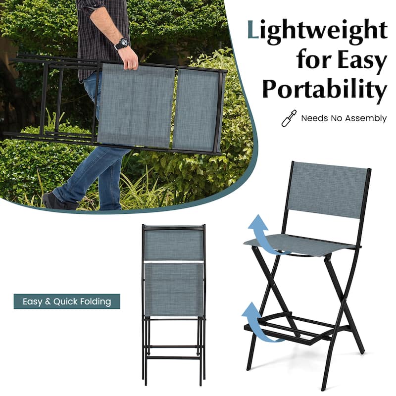 28 Inch Set of 2 Folding Bar Stools with Metal Frame and Footrest for Patio Balcony or Garden Use - 18" x 22.5" x 40"