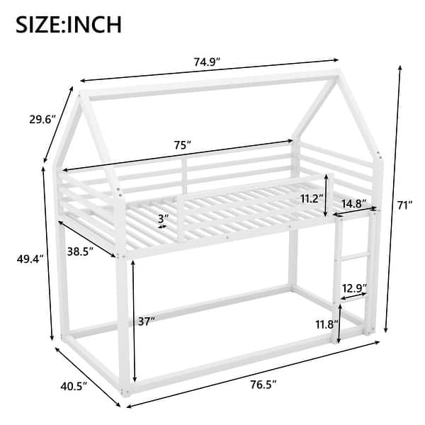 dimension image slide 1 of 4, Metal Frame House Bed Twin Over Twin Bunk Beds with Roof and Built-in Ladder, No Box Spring Needed, Bunk Low Floor Bed