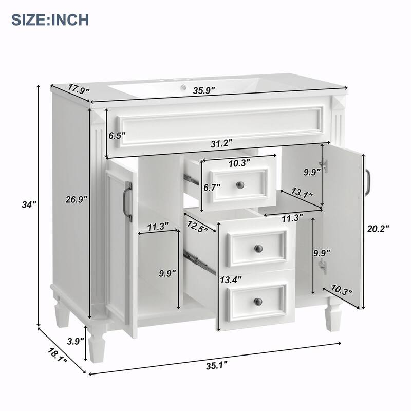 36'' Modern White Bathroom Vanity with Top Sink, Mirror Cabinet
