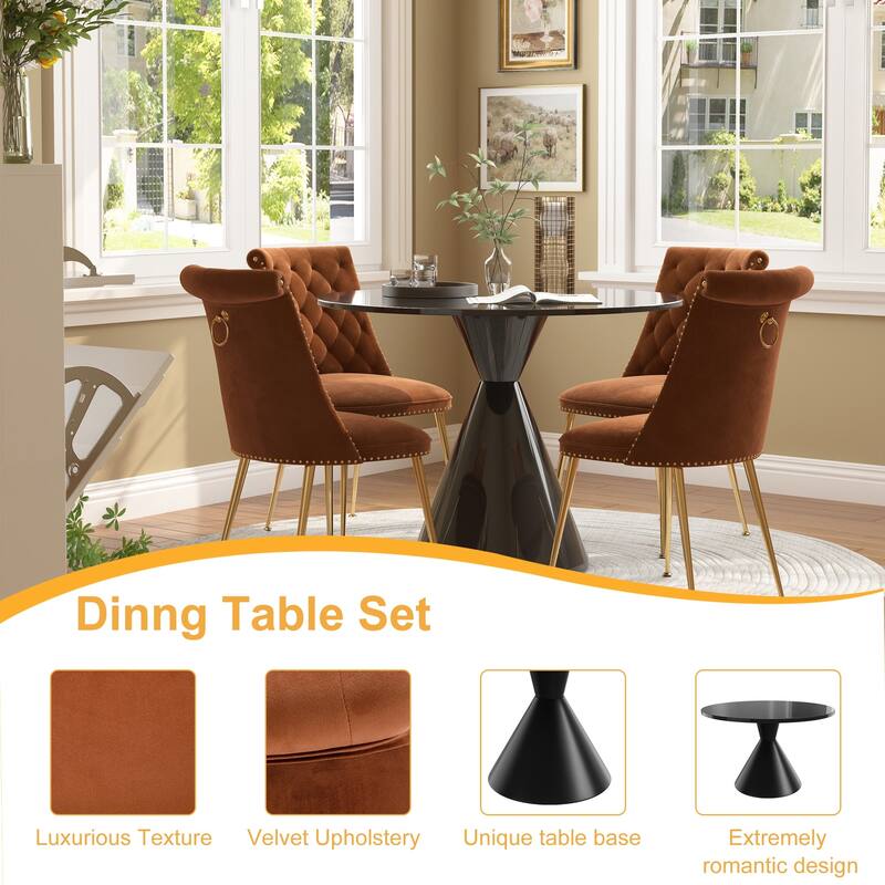 48" Light Luxury Black High Gloss Large Countertop Dining Table with Velvet Dining Chair Set
