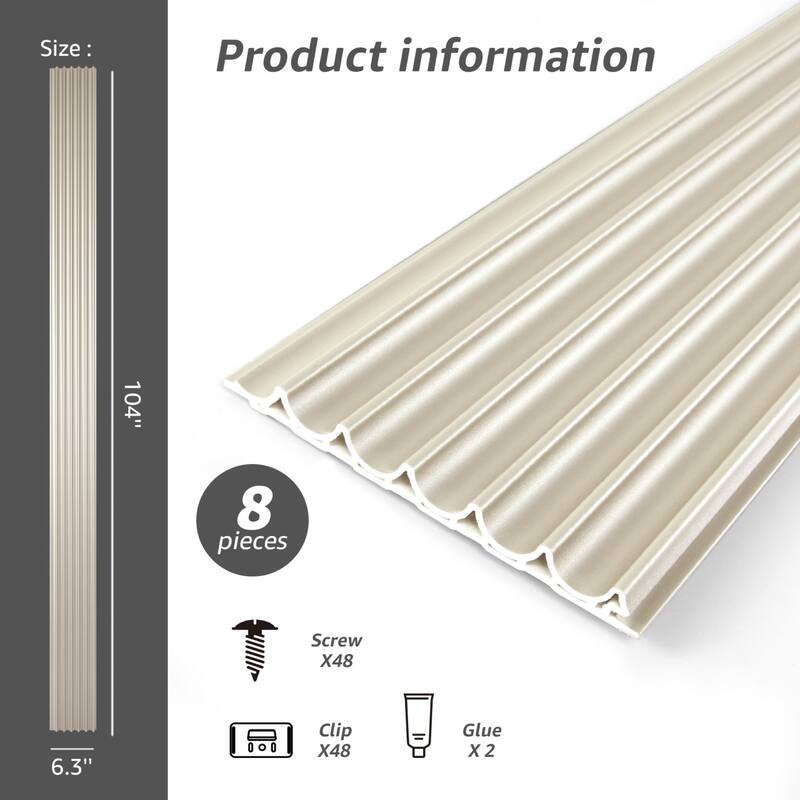 Art3d 104'' X 6.3'' Fluted Wall Panel for Interior Decor, WPC Wall Panel, Metal Finish,8pcs - N/A