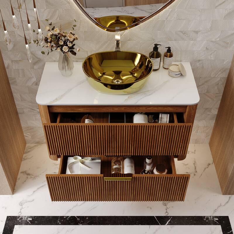 36" Luxury Floating Bathroom Vanities with Gold Single Sink, Brown Wood Cabinets with 2 Drawers